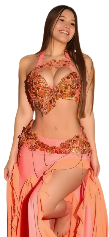 Coni belly dancing in a coral costume